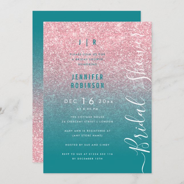 Rose Gold Glam Glitter Script Bridal Shower Teal  Invitation (Front/Back)