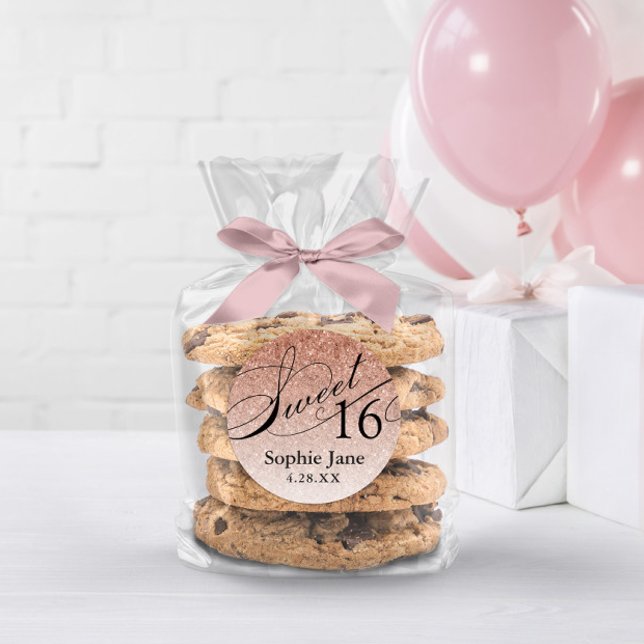 Rose Gold Glam Glitter Sweet 16 Personalised Classic Round Sticker (Creator Uploaded)