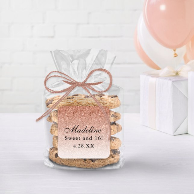 Rose Gold Glam Glitter Sweet 16 Personalised Square Sticker (Creator Uploaded)