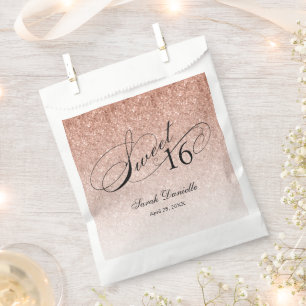 Rose Gold Glam Glitter Sweet 16 Script Custom Favour Bags