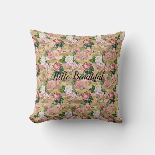 Rose Gold Glam Glitz Roses Floral Stripes        Cushion (Front)