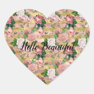 Rose Gold Glam Glitz Roses Floral Stripes        Heart Sticker