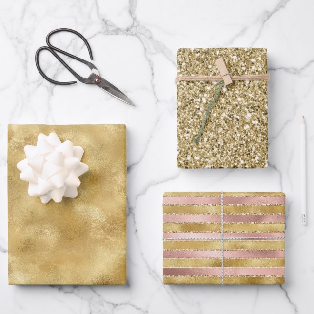 Rose Gold Glam Glitz Stripes Glitter Wrapping Paper Sheet (Front)