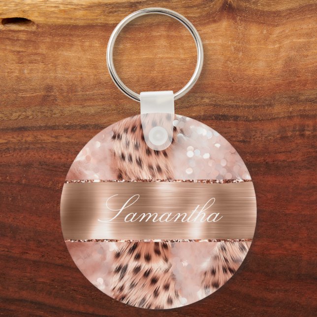 Rose Gold Glam Leopard Glitter Key Ring (Front)