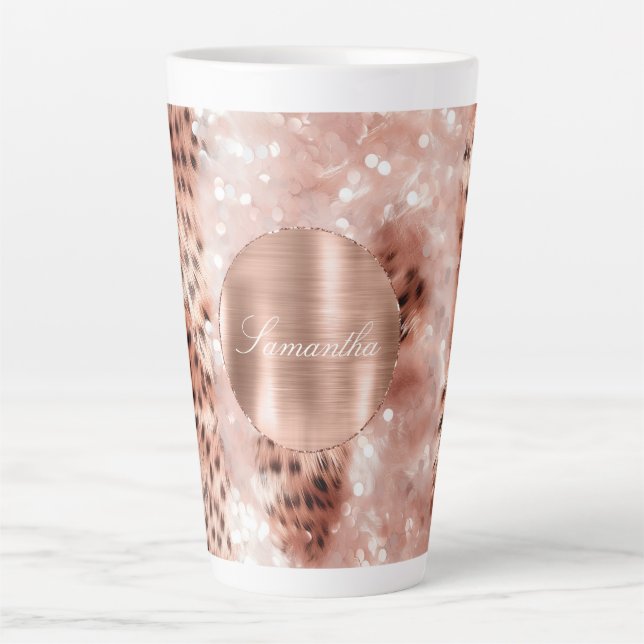Rose Gold Glam Leopard Glitter Personalised Latte Mug (Front)
