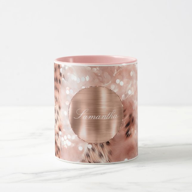 Rose Gold Glam Leopard Glitter Personalised Mug (Center)