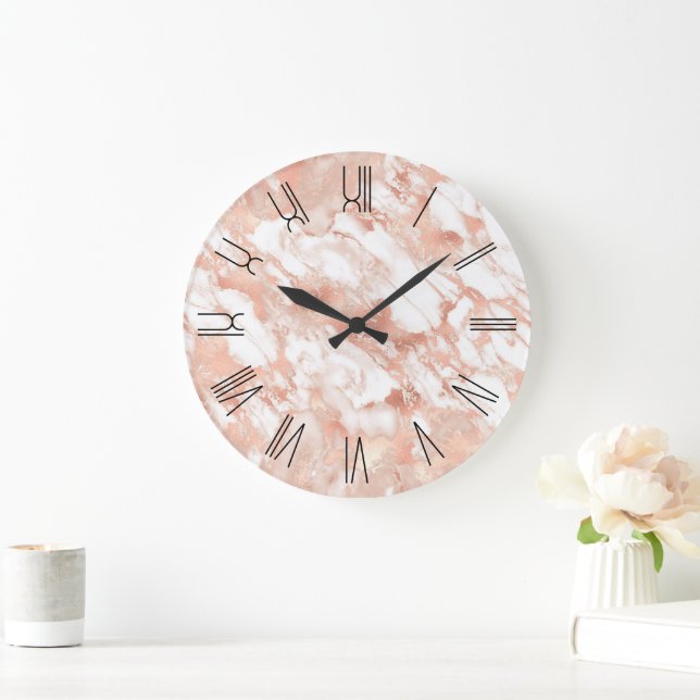 Rose Gold Glam Marble Retro Roman Numerals Large Clock (Home)