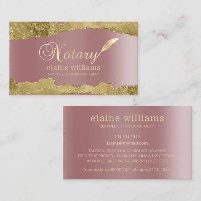 Rose Gold Glam Notary Loan Signing Agent   Business Card (Front/Back)