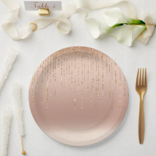 Rose Gold Glam Peach Sparkle Strings Wedding Paper Plate