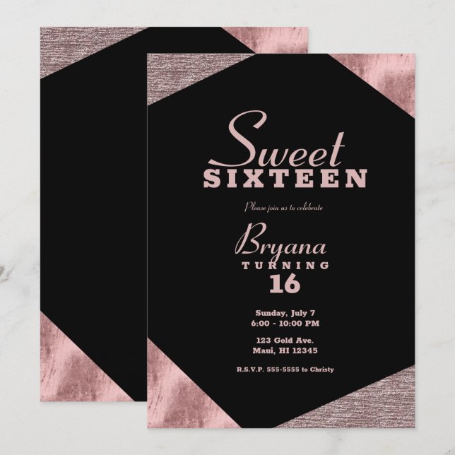 Rose Gold Glamour Geometric Modern Sweet 16 Party Invitation (Front/Back)