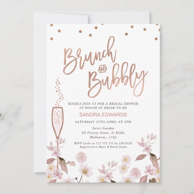Rose Gold Glass Brunch Bubbly Bridal Shower Invitation (Front)