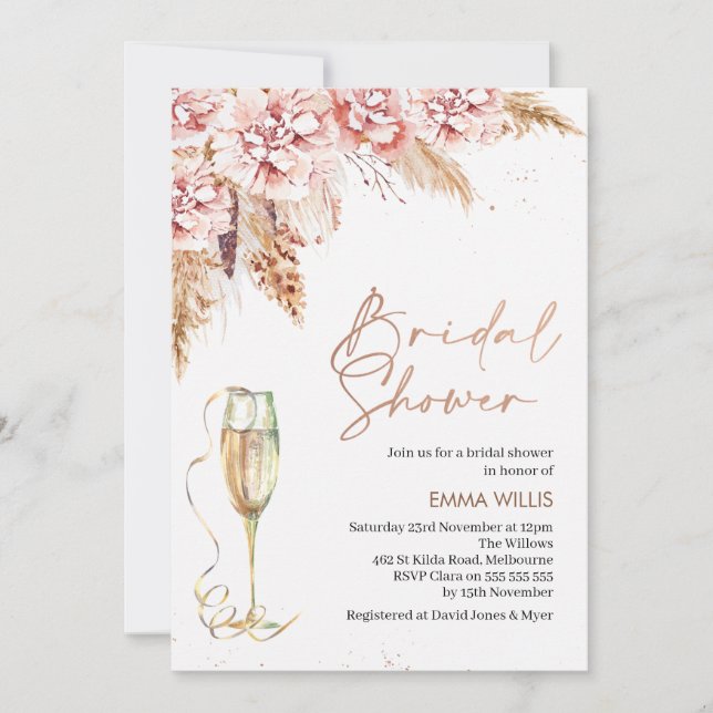 Rose Gold Glass Floral Pampas Grass Bridal Shower Invitation (Front)