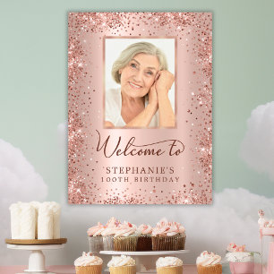 Rose Gold Glitter 100th Birthday Photo Welcome Poster