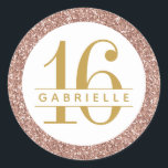 Rose Gold Glitter 16 Birthday Favour Sticker Label<br><div class="desc">Rose gold pink glitter and gold sweet 16 personalised birthday party favour sticker with custom age and name in the middle of a glitter circle border.</div>