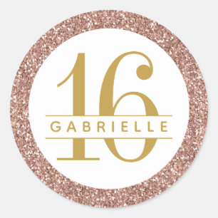 Rose Gold Glitter 16 Birthday Favour Sticker Label