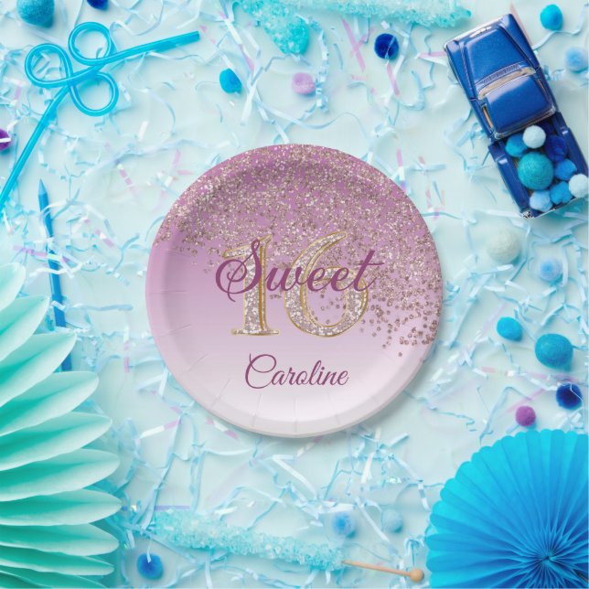 Rose Gold Glitter, 16 Glitter, Sweet 16 Birthday Paper Plate (Party)