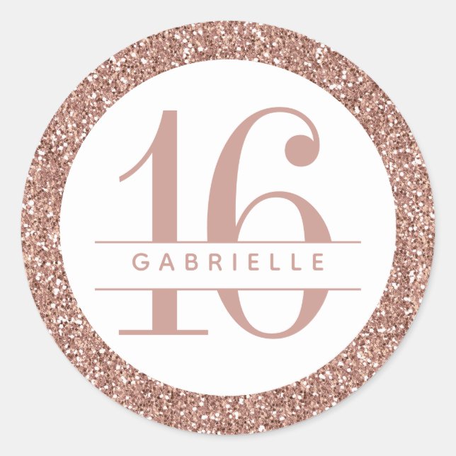 Rose Gold Glitter 16th Birthday Personalised Classic Round Sticker (Front)