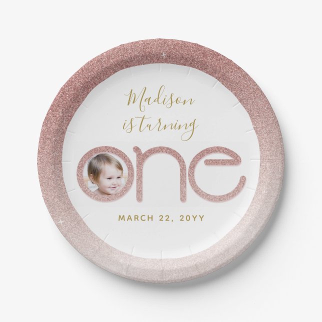 Rose Gold Glitter 1st Birthday Girl Blush Pink Paper Plate (Front)
