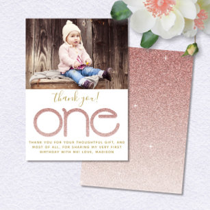 Rose Gold Glitter 1st Birthday Thank You Card