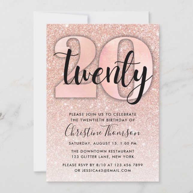 Rose Gold Glitter 20th Birthday Invitation (Front)