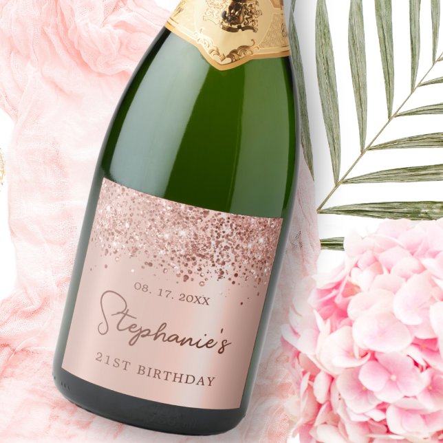 Rose Gold Glitter 21st Birthday Monogram Script Sparkling Wine Label (Creator Uploaded)