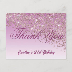 Rose Gold Glitter, 21st Birthday Thank You Postcard