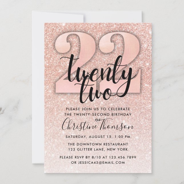 Rose Gold Glitter 22nd Birthday Invitation (Front)