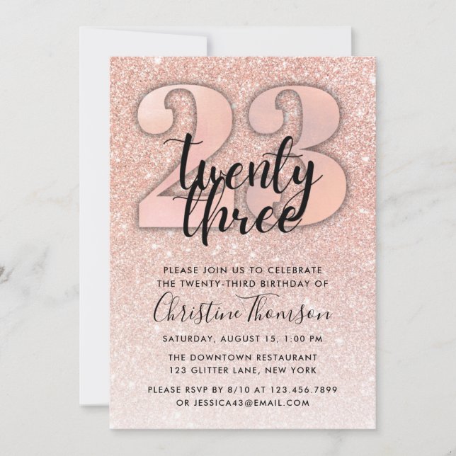 Rose Gold Glitter 23rd Birthday Invitation (Front)