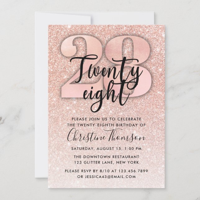 Rose Gold Glitter 28th Birthday Invitation (Front)