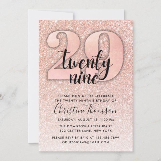 Rose Gold Glitter 29th Birthday Invitation (Front)