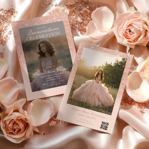 Rose Gold Glitter 2 photos Qr blush Quinceañera Invitation