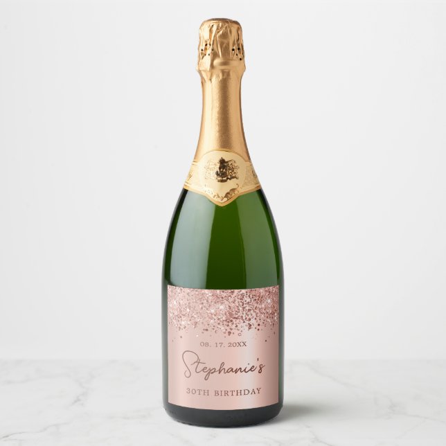 Rose Gold Glitter 30th Birthday Monogram Script Sparkling Wine Label (Front)