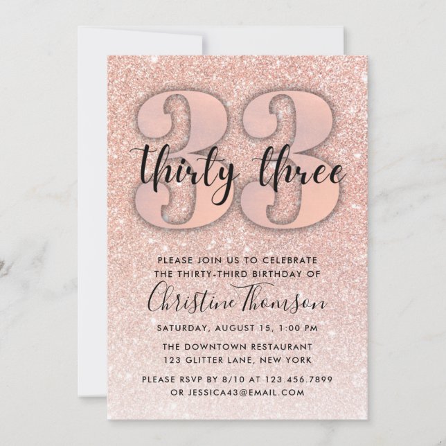 Rose Gold Glitter 33rd Birthday Invitation (Front)