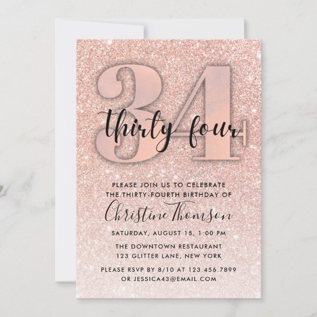 Rose Gold Glitter 34th Birthday Invitation (Front)