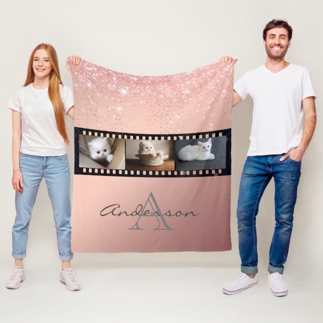 Rose Gold Glitter 3 Photo Film Strip Collage Fleece Blanket (In Situ)