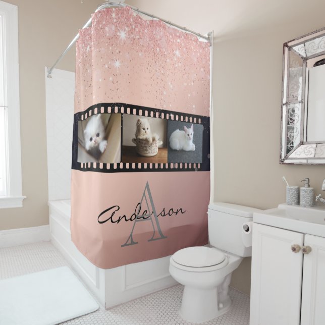 Rose Gold Glitter 3 Photo Film Strip Collage Shower Curtain (In Situ)