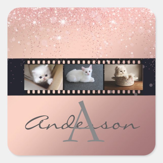 Rose Gold Glitter 3 Photo Film Strip Collage Square Sticker (Front)