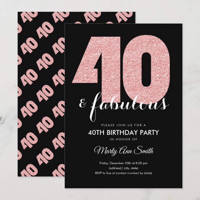 Rose Gold Glitter 40 & Fabulous Birthday Party Invitation (Front/Back)