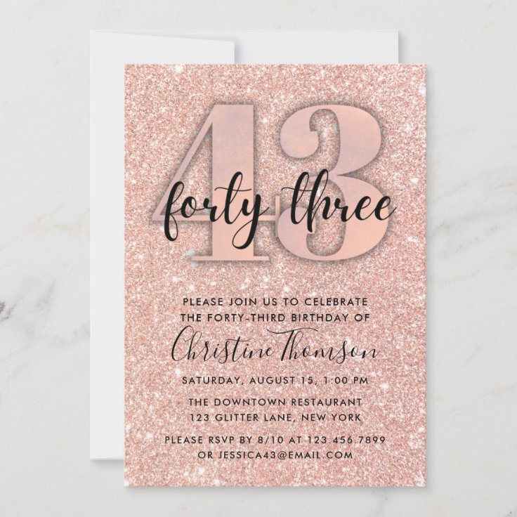 Rose Gold Glitter 43rd Birthday Invitation | Zazzle