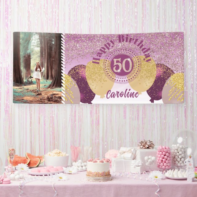 Rose Gold Glitter 50th Birthday & Balloons  Banner (Party)