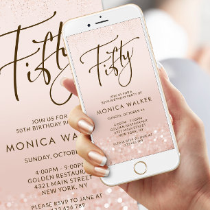 Rose Gold Glitter 50th Birthday Mobile Invite