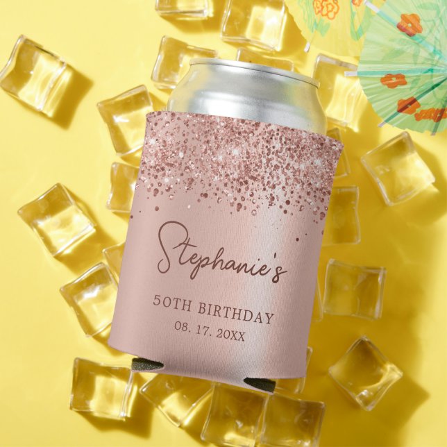 Rose Gold Glitter 50th Birthday Monogram Script  Can Cooler (In Situ Summer)