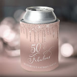 Rose Gold Glitter 50th Birthday Party Can Cooler<br><div class="desc">Elegant and chic personalised 50th birthday party can coolers featuring "50 & Fabulous" in a stylish white script against a rose gold background with rose gold faux glitter dripping from the top. Personalise with her name.</div>