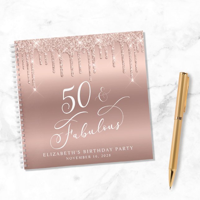Rose Gold Glitter 50th Birthday Party Guest Book (Creator Uploaded)