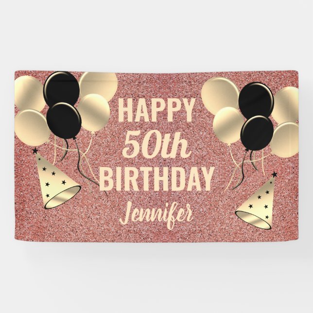 Rose Gold Glitter 50th Birthday Party Personalised Banner (Horizontal)
