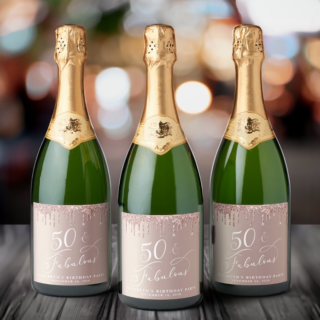 Rose Gold Glitter 50th Birthday Party Sparkling Wine Label (Creator Uploaded)