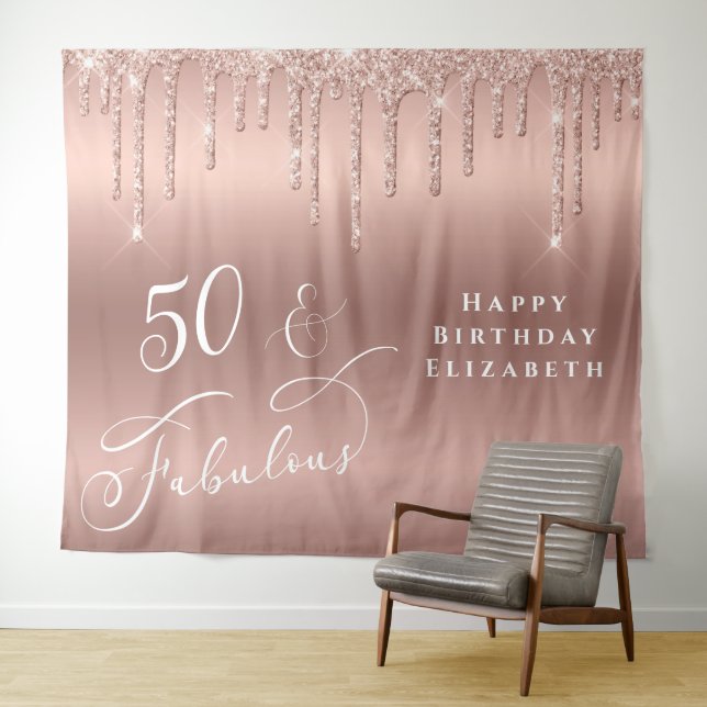 Rose Gold Glitter 50th Birthday Party Tapestry (In Situ (Horizontal))