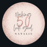 Rose gold glitter 50th birthday thank you favor classic round sticker<br><div class="desc">Pink rose gold glitter effect 50th birthday thank you favor.</div>