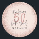 Rose gold glitter 50th birthday thank you favor classic round sticker<br><div class="desc">Pink rose gold glitter effect 50th birthday thank you favor.</div>