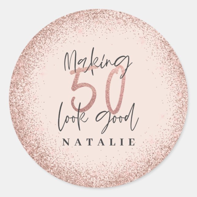 Rose gold glitter 50th birthday thank you favour classic round sticker (Front)